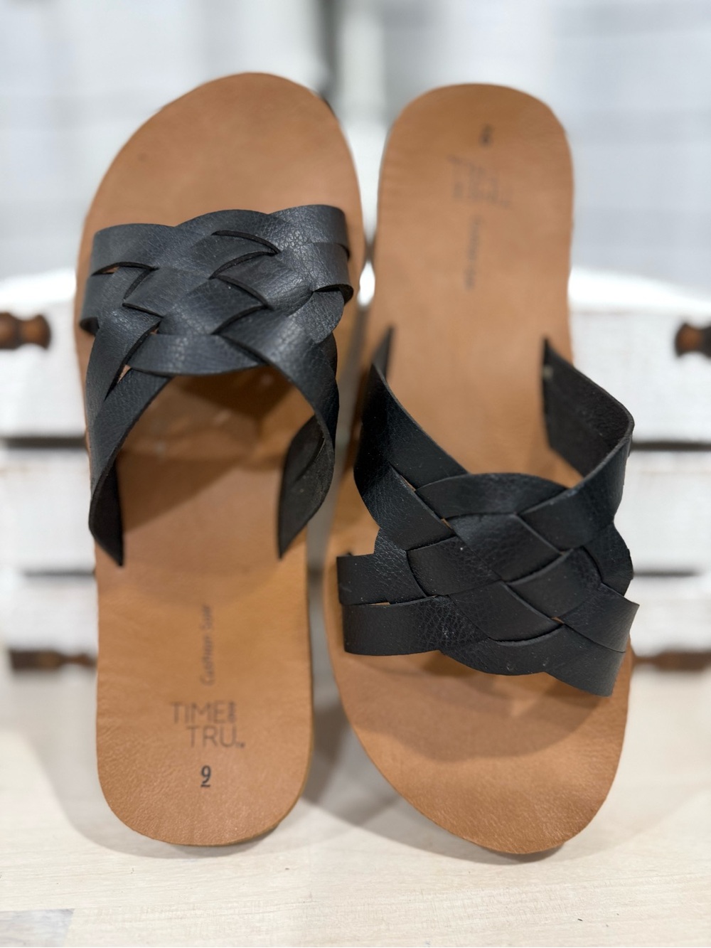 Time and Tru Black Woven Slide Sandals